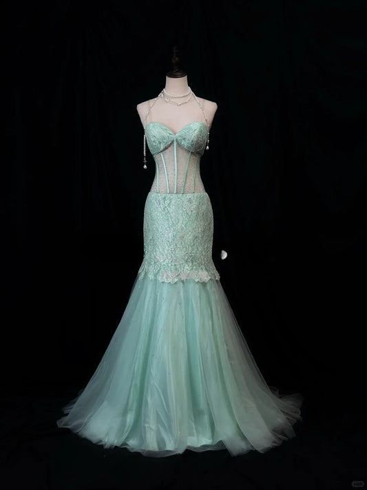 Elegant Tiffany Blue Sweetheart Neck Mermaid Tulle Long Prom Dresses Formal Evening Gowns with Lace Appliques ED02563