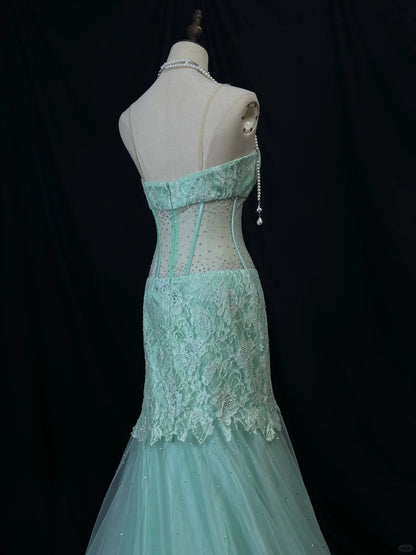 Elegant Tiffany Blue Sweetheart Neck Mermaid Tulle Long Prom Dresses Formal Evening Gowns with Lace Appliques ED02563