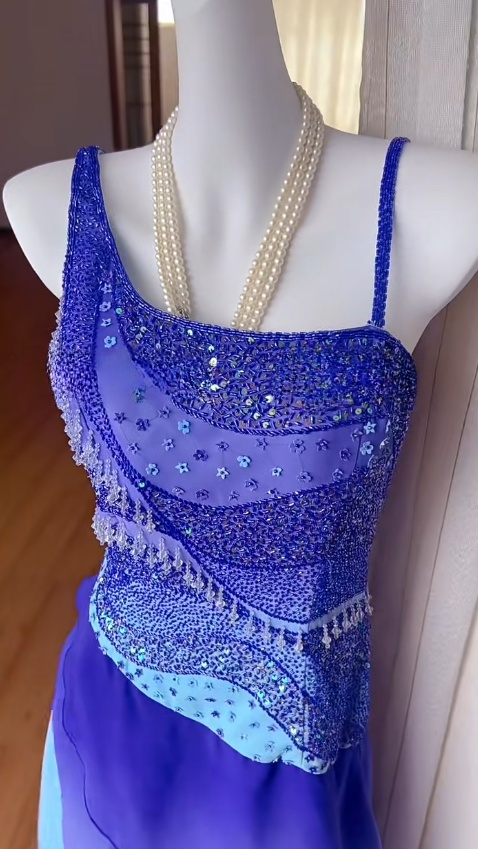 Stunning Blue Gradient Asymmetric Neck Sheath Chiffon Beaded Long Prom Dresses Vintage Evening Gowns ED02565