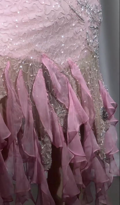 Sweet Pink Spaghetti Straps Sheath Chiffon Beaded Short Prom Dresses Vintage Evening Gowns ED02566