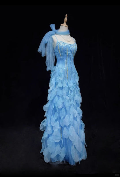 Pretty Blue Spaghetti Straps Sheath Chiffon Beaded Long Prom Dresses Sweet Birthday Evening Gowns ED02567