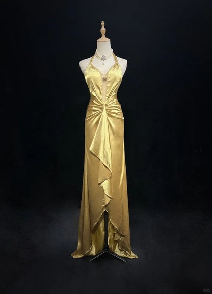 Elegant Yellow Halter Sheath Satin Long Prom Dresses Vintage Formal Evening Gowns ED02568