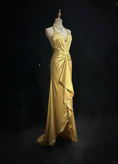 Elegant Yellow Halter Sheath Satin Long Prom Dresses Vintage Formal Evening Gowns ED02568