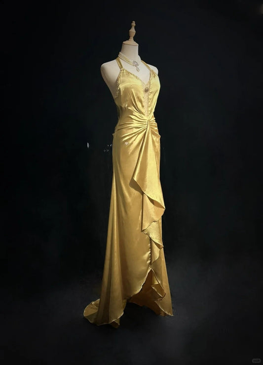 Elegant Yellow Halter Sheath Satin Long Prom Dresses Vintage Formal Evening Gowns ED02568
