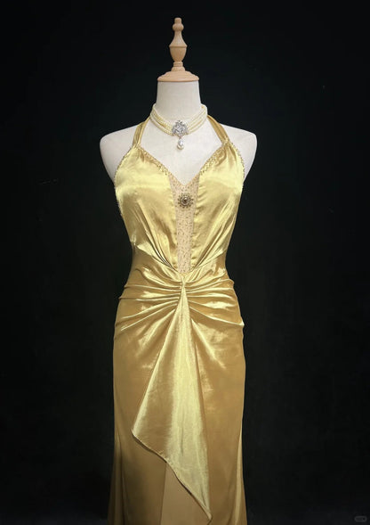 Elegant Yellow Halter Sheath Satin Long Prom Dresses Vintage Formal Evening Gowns ED02568