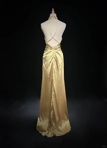 Elegant Yellow Halter Sheath Satin Long Prom Dresses Vintage Formal Evening Gowns ED02568