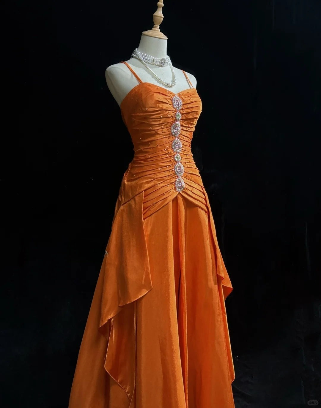 Gorgeous Orange Spaghetti Straps A-Line Satin Long Prom Dresses Formal Evening Gowns with Pleats ED02569