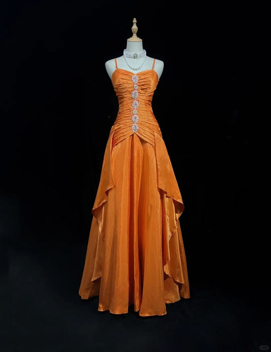 Gorgeous Orange Spaghetti Straps A-Line Satin Long Prom Dresses Formal Evening Gowns with Pleats ED02569