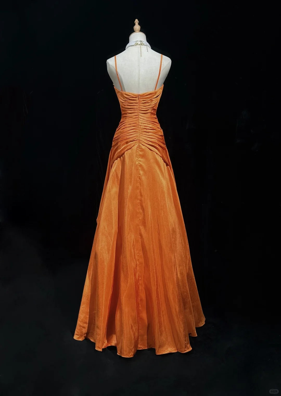 Gorgeous Orange Spaghetti Straps A-Line Satin Long Prom Dresses Formal Evening Gowns with Pleats ED02569