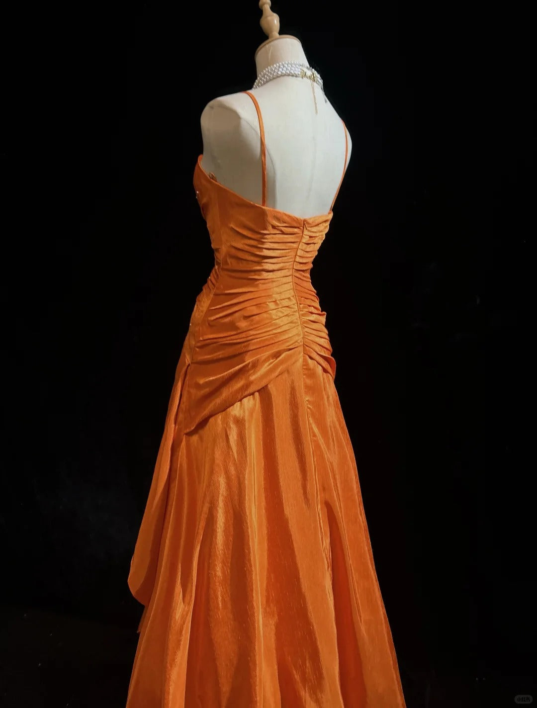 Gorgeous Orange Spaghetti Straps A-Line Satin Long Prom Dresses Formal Evening Gowns with Pleats ED02569