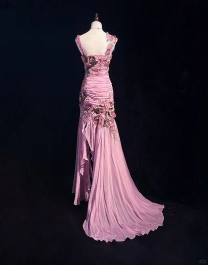 Stunning Mauve Square Neck Mermaid Chiffon Applique Long Prom Dresses Vintage Formal Evening Gowns ED02570