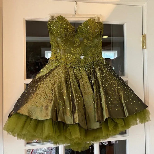 Gorgeous Dark Olive Green Sweetheart Neck A-Line Satin Tulle Short Prom Dresses Homecoming Dresses ED02575