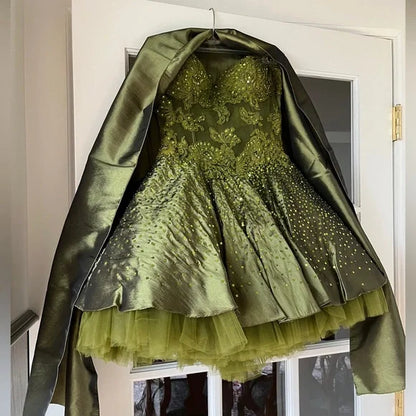 Gorgeous Dark Olive Green Sweetheart Neck A-Line Satin Tulle Short Prom Dresses Homecoming Dresses ED02575