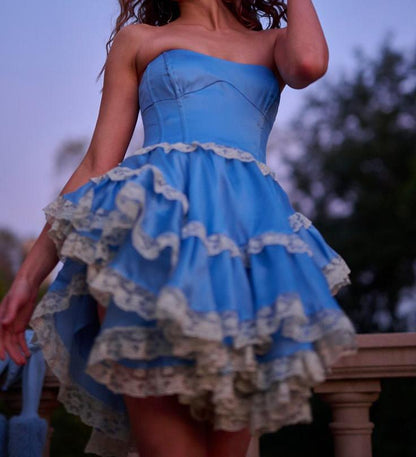 Sweet Blue Strapless A-Line Satin Lace Short Prom Dress Homecoming Dress ED02576