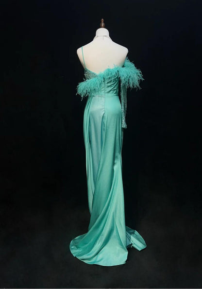 Elegant Blue Satin Asymmetric Neck Mermaid Satin Long Prom Dress Formal Evening Gowns with Slits ED02582