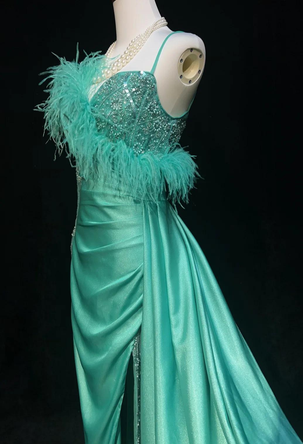 Elegant Blue Satin Asymmetric Neck Mermaid Satin Long Prom Dress Formal Evening Gowns with Slits ED02582