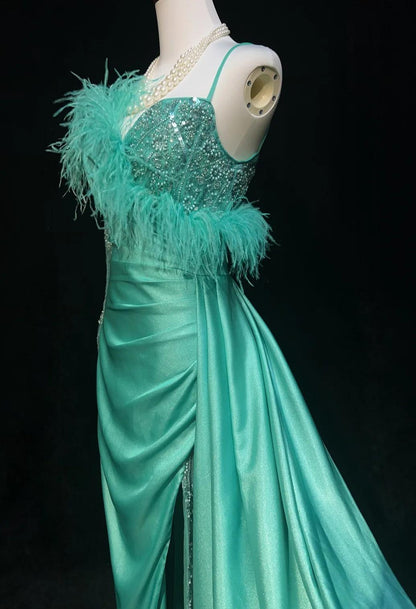 Elegant Blue Satin Asymmetric Neck Mermaid Satin Long Prom Dress Formal Evening Gowns with Slits ED02582