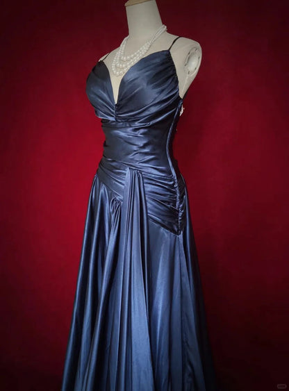 Stunning Navy Blue Spaghetti Straps A-Line Satin Long Prom Dress Formal Evening Gowns with Pleats ED02585