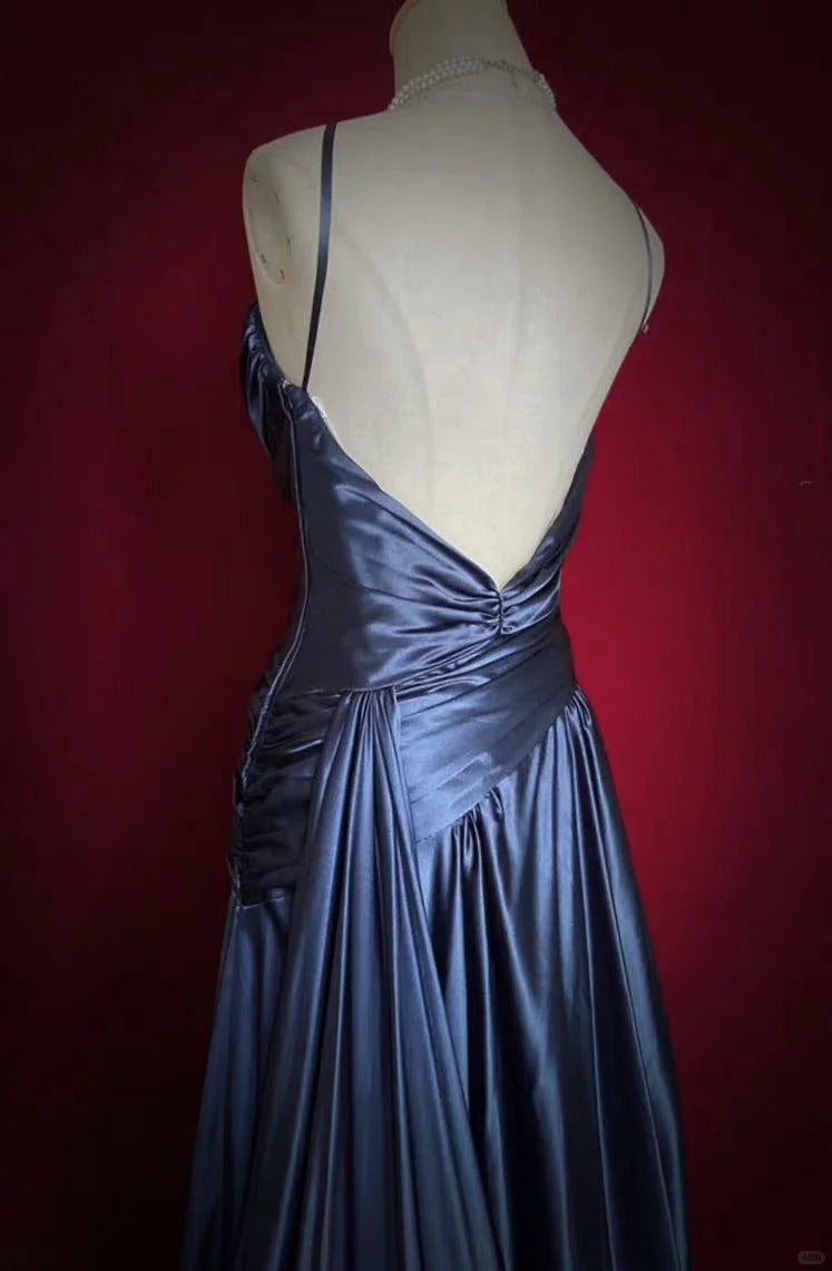 Stunning Navy Blue Spaghetti Straps A-Line Satin Long Prom Dress Formal Evening Gowns with Pleats ED02585