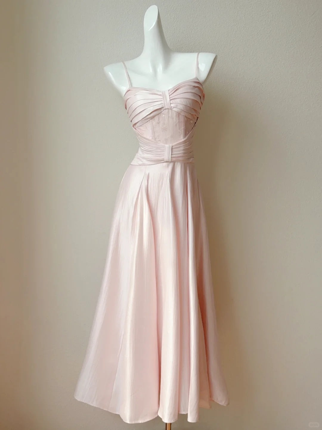 Sweet Blush Pink Spaghetti Straps A-Line Satin Long Prom Dress Formal Evening Gowns ED02587