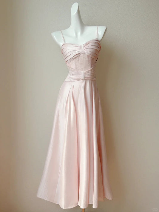 Sweet Blush Pink Spaghetti Straps A-Line Satin Long Prom Dress Formal Evening Gowns ED02587
