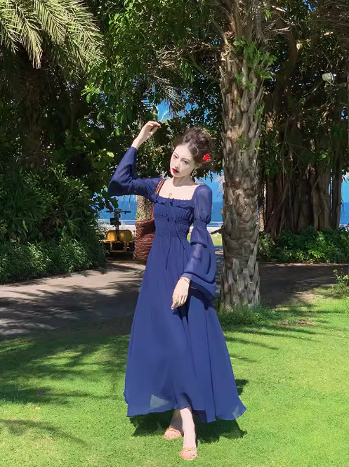 French Retro Blue Square Neck Puff Sleeve Chiffon Long Dress ED0258