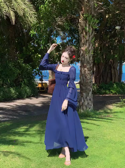 French Retro Blue Square Neck Puff Sleeve Chiffon Long Dress ED0258