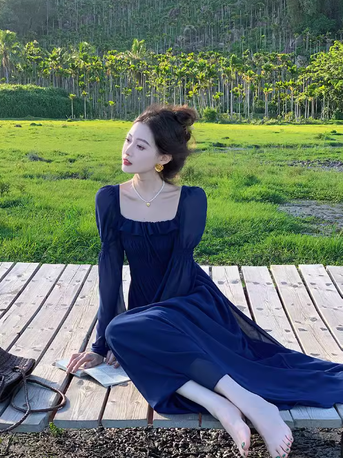 French Retro Blue Square Neck Puff Sleeve Chiffon Long Dress ED0258