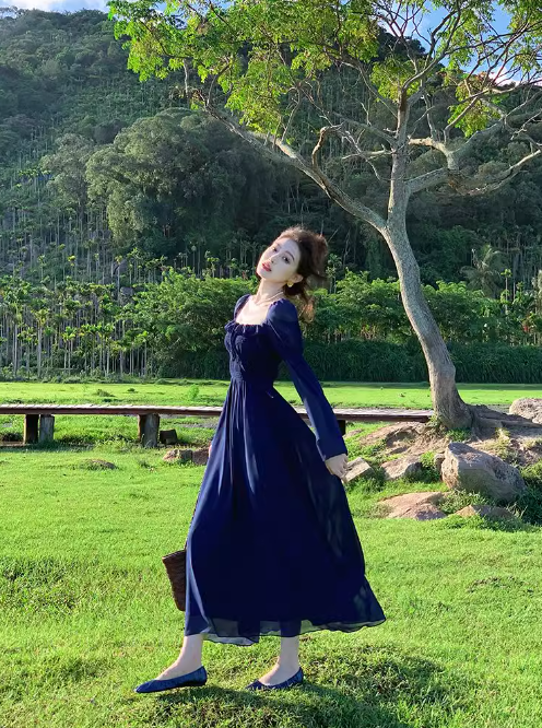 French Retro Blue Square Neck Puff Sleeve Chiffon Long Dress ED0258