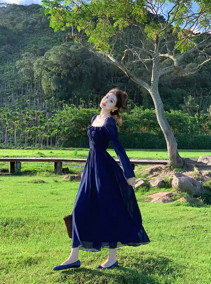 French Retro Blue Square Neck Puff Sleeve Chiffon Long Dress ED0258