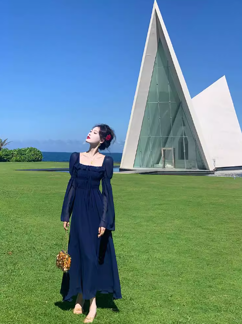 French Retro Blue Square Neck Puff Sleeve Chiffon Long Dress ED0258