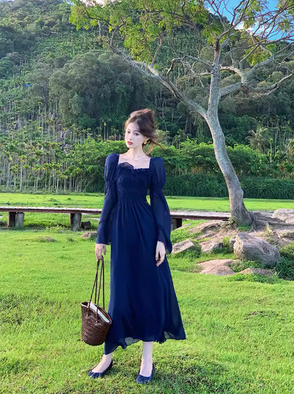 French Retro Blue Square Neck Puff Sleeve Chiffon Long Dress ED0258