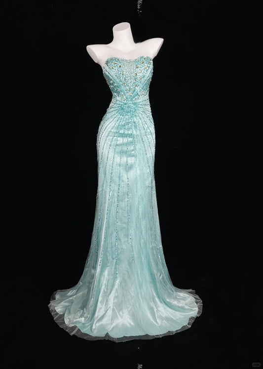 Gorgeous Tiffany Blue Strapless Mermaid Satin Beaded Long Prom Dress Formal Evening Gowns ED02590