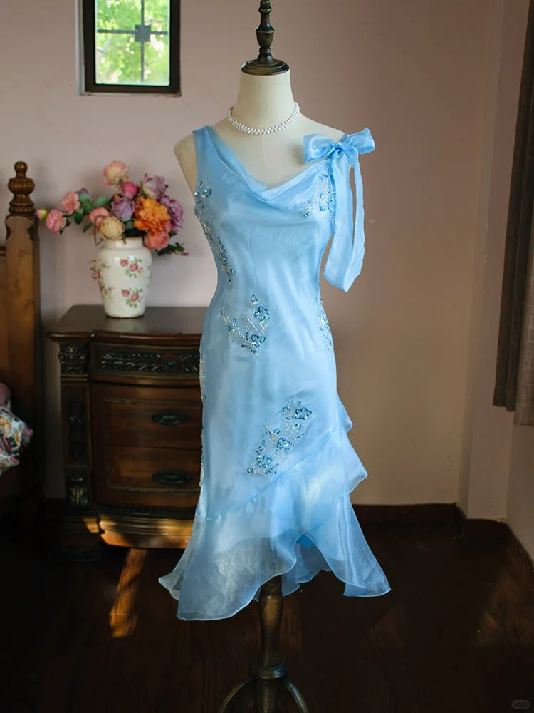 Elegant Blue Asymmetric Neck Bodycon Chiffon Beading Short Prom Dress Evening Gowns ED02591