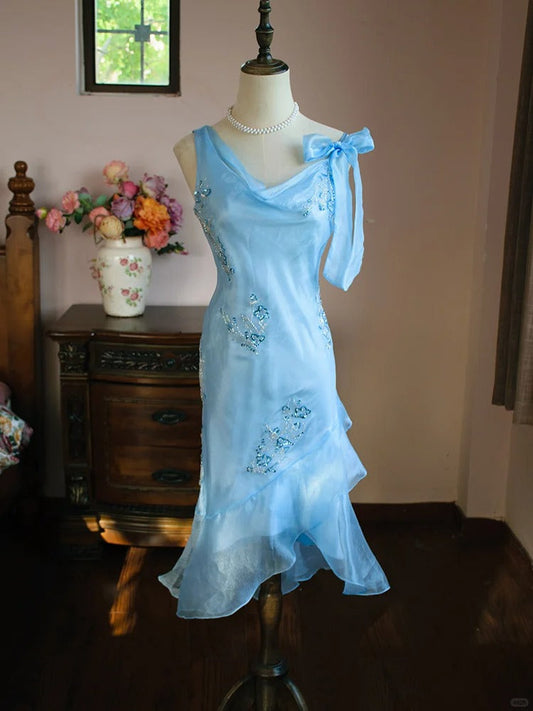 Elegant Blue Asymmetric Neck Bodycon Chiffon Beading Short Prom Dress Evening Gowns ED02591