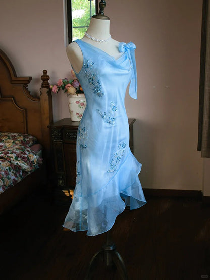 Elegant Blue Asymmetric Neck Bodycon Chiffon Beading Short Prom Dress Evening Gowns ED02591