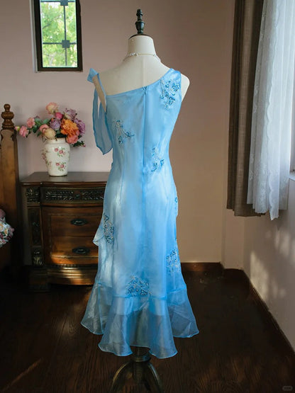 Elegant Blue Asymmetric Neck Bodycon Chiffon Beading Short Prom Dress Evening Gowns ED02591