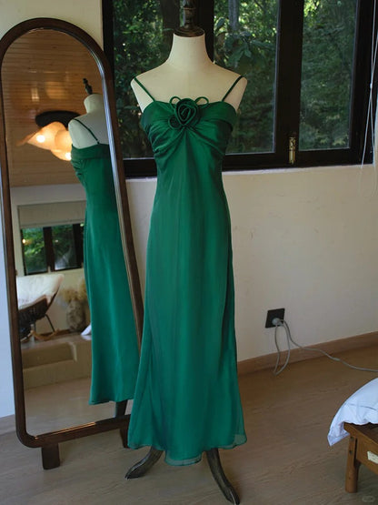 Stunning Green Spaghetti Strap Sheath Chiffon Prom Dress Elegant Evening Gowns ED02592