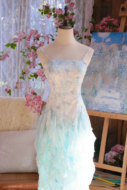 Gorgeous Light Blue Spaghetti Straps Sheath Printed Chiffon Prom Dress Sweet Evening Gowns with Ruffles ED02593