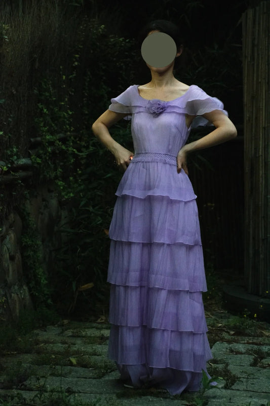 Gentle Purple Scoop Neck Chiffon A-Line Long Prom Dresses Vintage Formal Evening Gowns ED02594