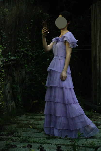 Gentle Purple Scoop Neck Chiffon A-Line Long Prom Dresses Vintage Formal Evening Gowns ED02594