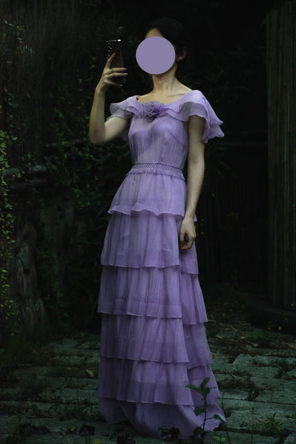 Gentle Purple Scoop Neck Chiffon A-Line Long Prom Dresses Vintage Formal Evening Gowns ED02594