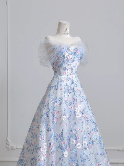 Gorgeous White Off-the-shoulder A-Line Tulle Long Prom Dresses Elegant Wedding Dress with Appliques ED02595