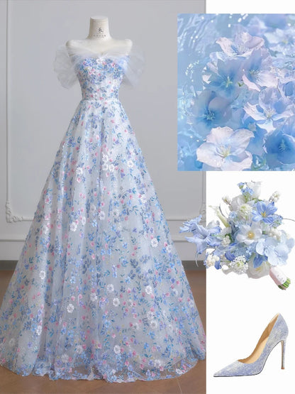 Gorgeous White Off-the-shoulder A-Line Tulle Long Prom Dresses Elegant Wedding Dress with Appliques ED02595