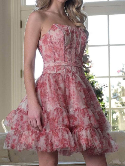 Sweet Blue Strapless A-Line Printed Tulle Short Prom Dresses Homecoming Dress ED02596