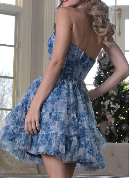 Sweet Blue Strapless A-Line Printed Tulle Short Prom Dresses Homecoming Dress ED02596
