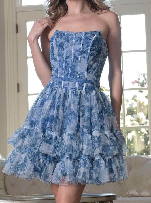 Sweet Blue Strapless A-Line Printed Tulle Short Prom Dresses Homecoming Dress ED02596