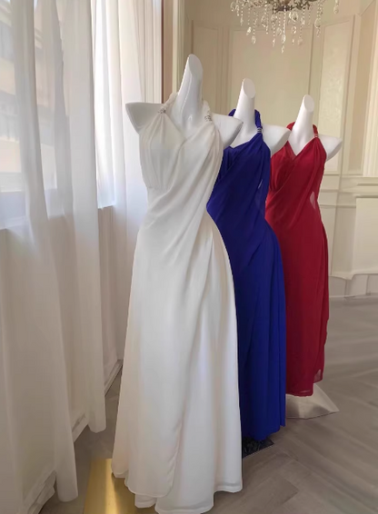 French holiday style blue halter neck backless suspender dress ED0259