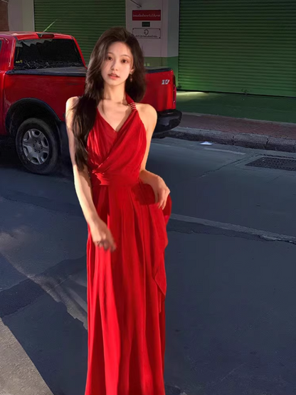 French holiday style blue halter neck backless suspender dress ED0259