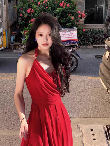 French holiday style blue halter neck backless suspender dress ED0259